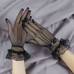 Thin mesh three-rib lace gloves, hollow lace, playful black elastic floral edge, summer sun protection fish net performance