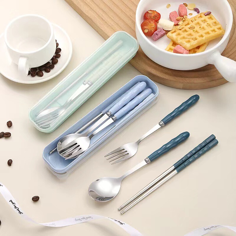 Stainless steel wheat straw tableware spoon fork chopsticks portable three-piece student single bamboo spoon wholesale Stainless steel wheat straw tableware spoon fork chopsticks portable three-piece student single bamboo spoon wholesale