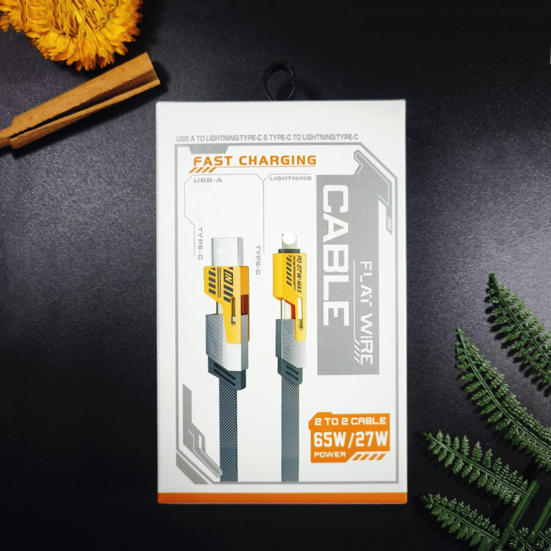 Embalaje de cable de carga cuatro en uno, caja de color, carga rápida de cuero, dos tracks, dos mecha, línea de datos amarilla, juego de caja de blíster