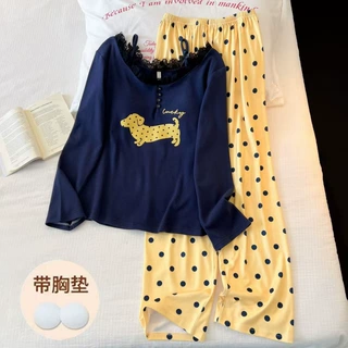 网红新款螺纹德绒长袖长裤保暖睡衣套装女春秋甜美卡通家居服