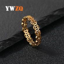 不锈钢饰品 镂空招财铜钱转运食指钛钢戒指 几何个性复古情侣戒指