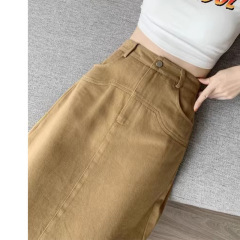 卡其色高腰开叉牛仔裙子显瘦半身裙女2025新款中长款直筒包臀裙子