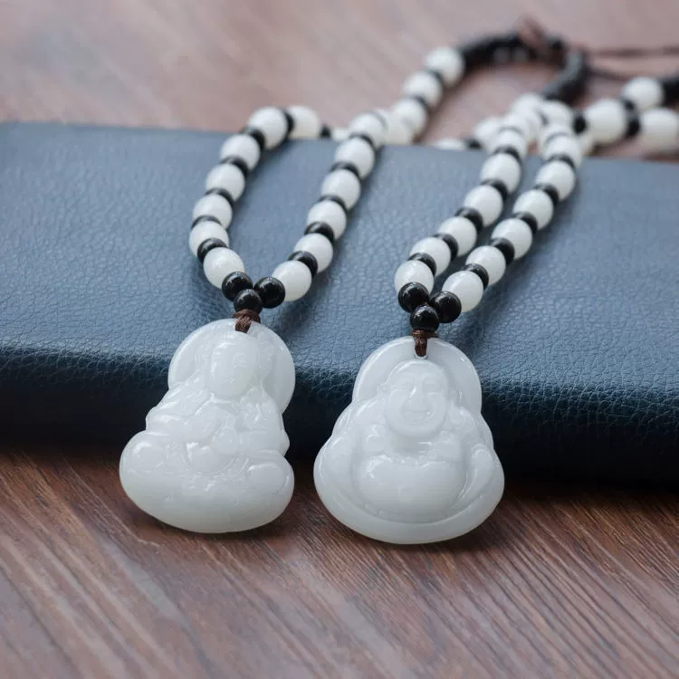 Чистый белый нефрит GuanYin нефрит Будда безопасный для мужчин и женщин нефрит кулон пара ожерелье полный Нефрит бусины красивый элегантный кулон