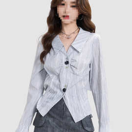 设计感喇叭袖翻领长袖衬衫女春季法式别致衬衣通勤上衣显瘦图片色