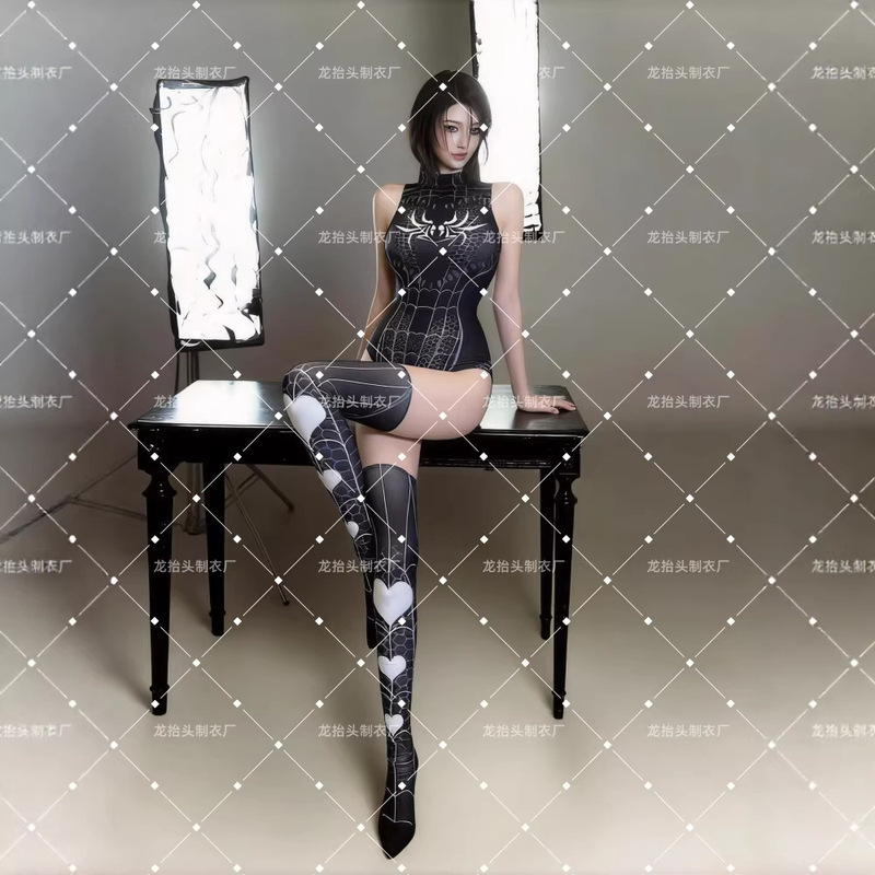 2026 New Hot Girl Style Black Slim-Fit Jumpsuit with Spider Print Sleeveless Outfit for Photoshoots