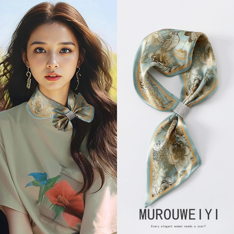 (스트리머얀) 라이트블루 골드 금가지 까치 작은귀스카프 13*75cm