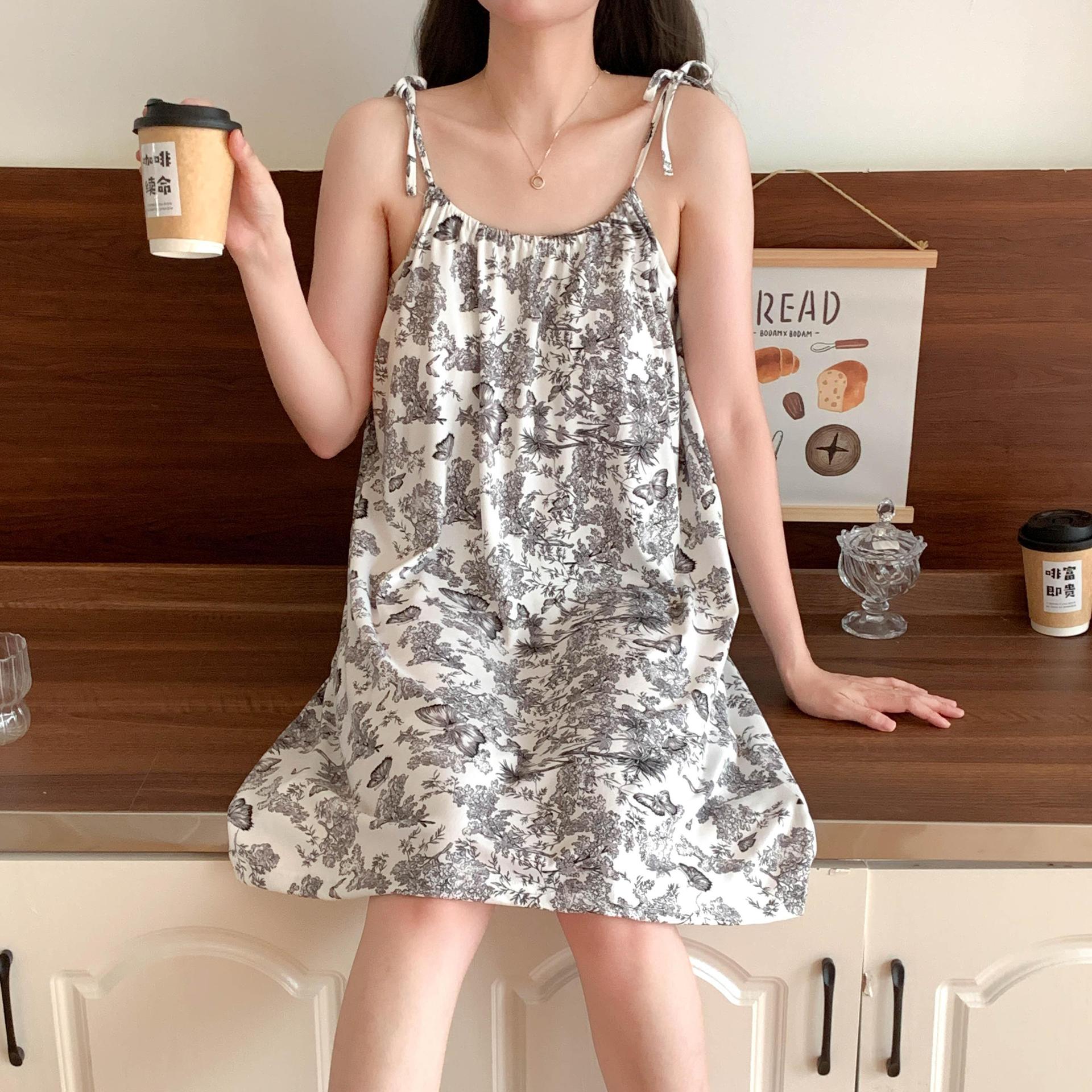 Pijama con cojín de pecho para mujeres de verano nuevo estilo chino pinturas de tinta dulce estudiantes de ocio harness pijamas caseros comercio exterior al por mayor