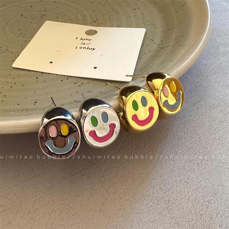 甜辣歐美金屬風耳環小眾設計感彩色笑臉ins耳釘新款童趣銀色耳飾