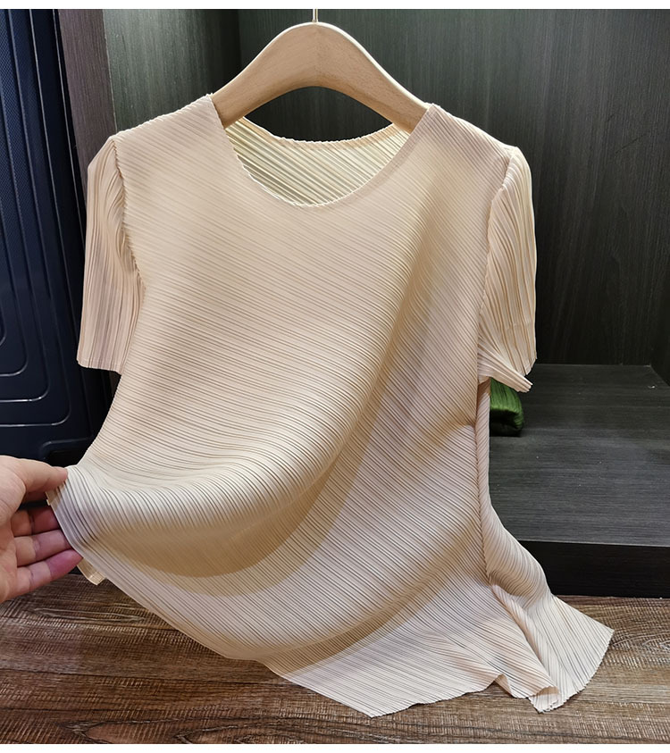 Áo thun ngắn tay dáng rộng cổ tròn xếp ly nữ mùa hè — Tím hoa cà, Màu đen, Màu cam, Xanh lam Sương Khói chi tiết 10