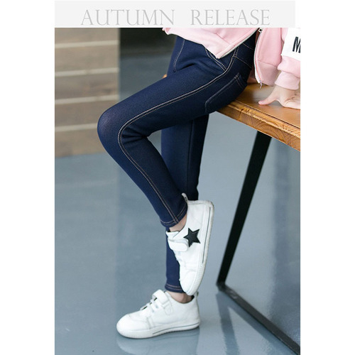 Children's winter clothing thickened middle and large girls imitation jeans trendy Korean version lined children's small mouth children's pants