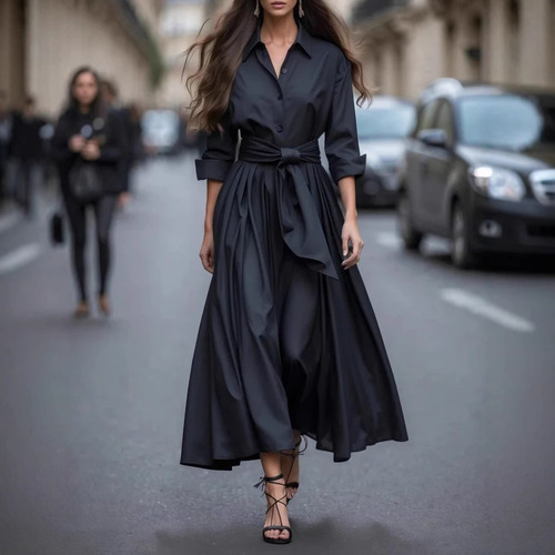 European and American women's clothing independent stand long-sleeved solid color lace lapel dress coat long skirt coat