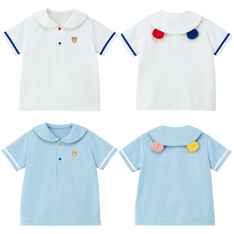 Ready-Made Shirts and T-Shirts for Boys and Girls, Cute Hemp Bear Navy Short-Sleeved Shirts with Polo Shirts Inside