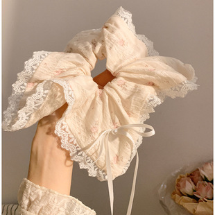Begonia Spring Color ~ Pink Floral Bow Lace Square Large Intestine Hair Ring Women's Korean Style Large Hair Rope Hair Accessories for Summer