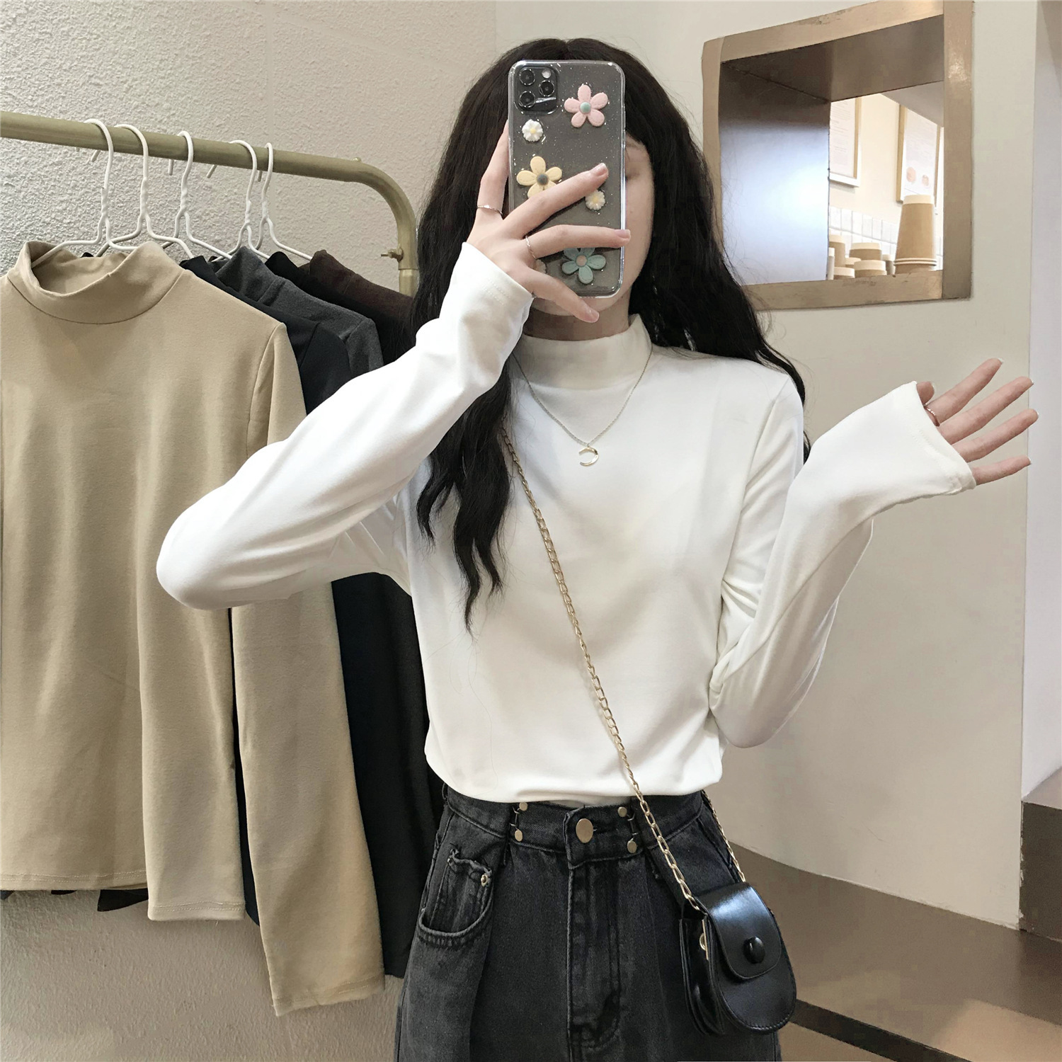 De Velvet Semi-high Collar Base Shirt Women's Autumn 2024 New Inner Thermal Underwear Long-sleeved T-shirt Female Student Top