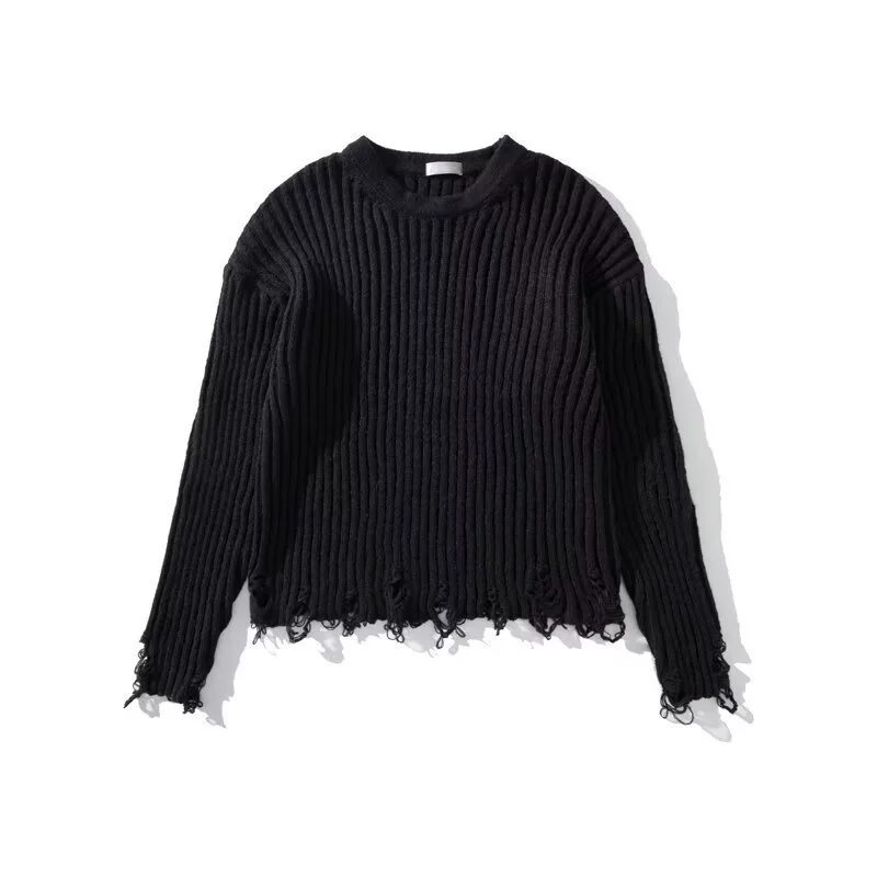 Вязаный осенний свитер, простой элегантный дизайн, distressed-hem — серый/черный, размеры M–3XL