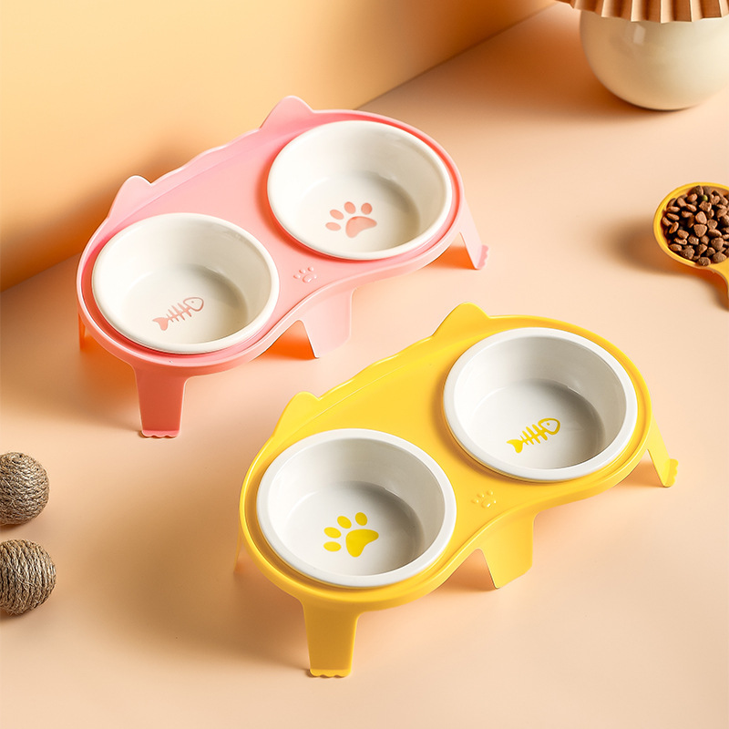 Cat Bowl ceramic double bowl water bowl protective cervical spine high foot oblique mouth cat food bowl drinking bowl Pet Bowl Pet Supplies