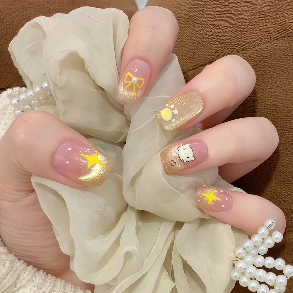 Nuevos productos de verano manicura de dibujos animados, lazo de gato, armadura infantil, 10 piezas, ojos de gato, uñas postizas hechas a mano