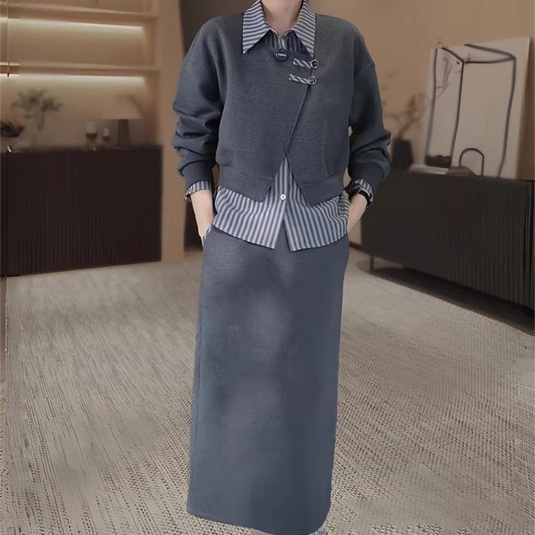 大码时尚显瘦套装裙女胖春秋宽松假两件衬衫领卫衣半身裙两件套|undefined