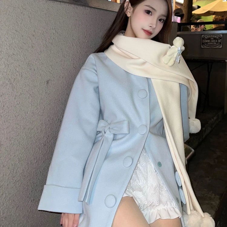 圣诞小熊 冬装新款氛围感甜美设计感韩剧穿搭围巾毛呢外套两件套