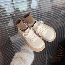 小白鞋女2023秋冬款厚底泡泡真皮娃娃大头休闲面包女板鞋平跟增高