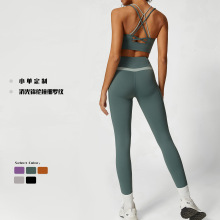 欧美夏季撞色交叉美背运动内衣高腰瑜伽长裤吸汗透气瑜伽服套装
