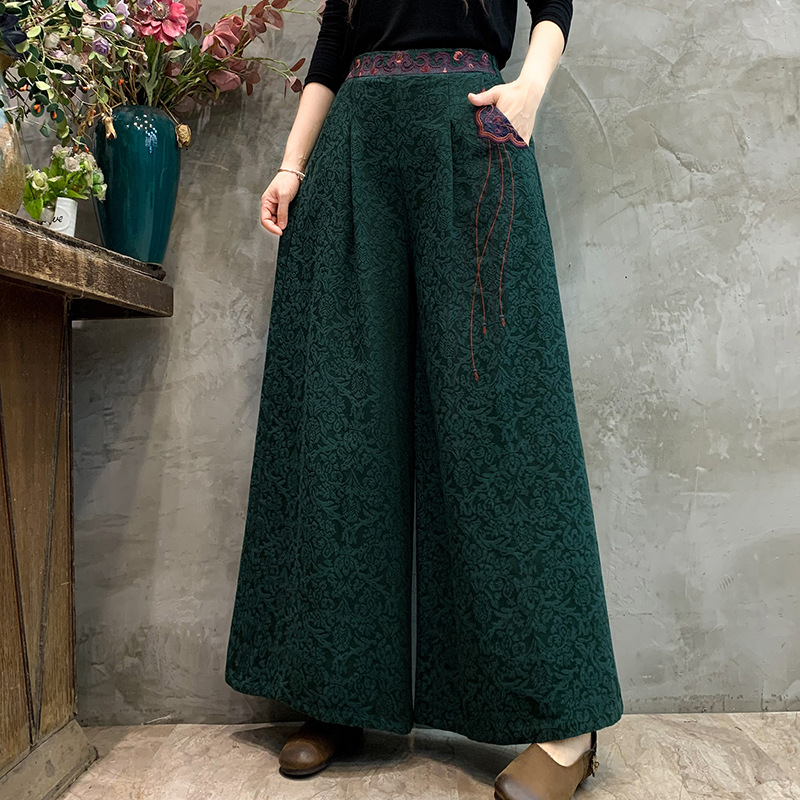 Autumn Cotton Linen Jacquard Women's Trousers Ethnic Style Waistband Embroidery Loose Women's Wide Leg Pants