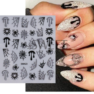 2024 Cross-border New Halloween Nail Art Stickers ins Cartoon Spider Web Blood Drops 3D Nail Back Adhesive Sticker Paper Flower
