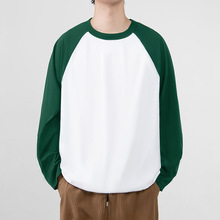 210克重磅纯棉撞色插肩长袖T恤秋季男女款美式拼接打底衫宽松圆领