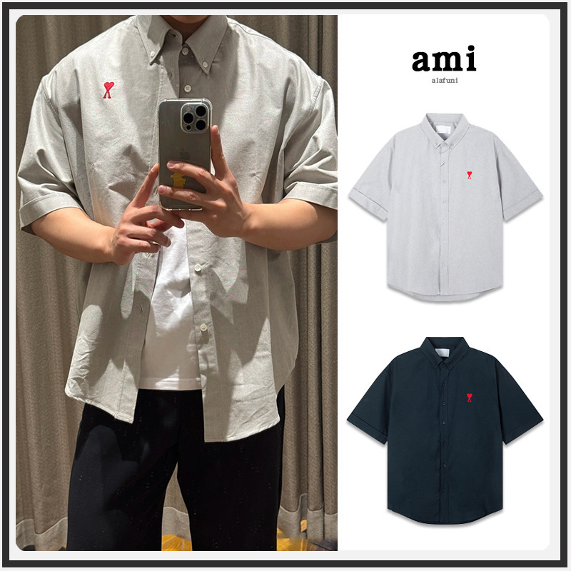 Ami Shirt Short-Sleeved 25 New Engagement Shirt for Men and Women Same Style Heart Embroidered Pure Cotton Short-Sleeved Pure Color Shirt