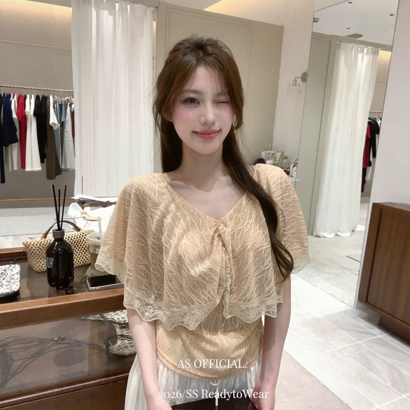 As Official Korean-Style French Gentle and Pure Desire Style Lace Patchwork V-Neck Cape Design Blouse for Women 28232