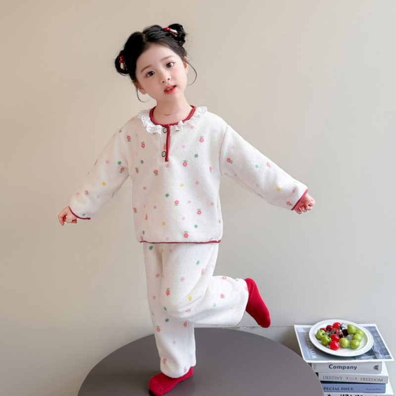 女童睡衣套装秋冬款2025新款花边领长袖可爱家居服儿童两件套|undefined