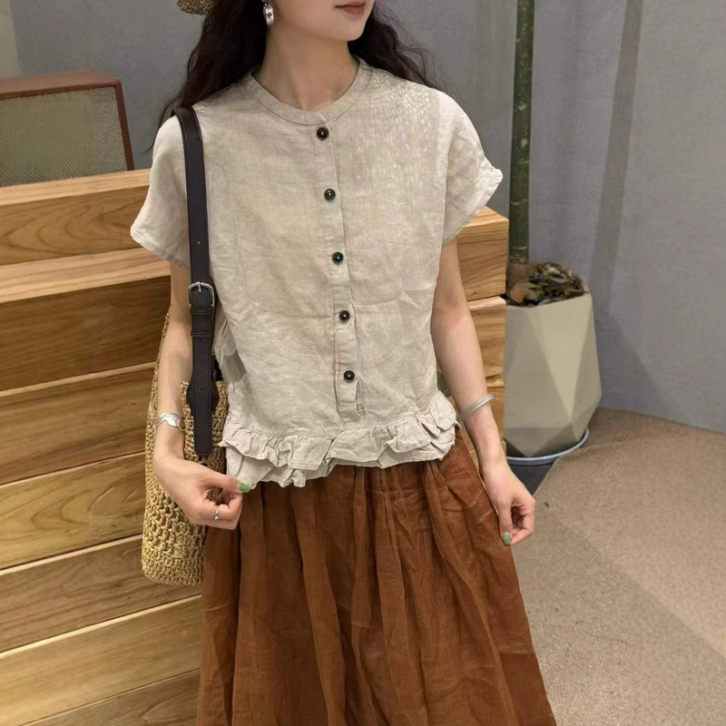 Hem with Double-Layered Ruffled Edges, Hemp Top for Women, New Summer Style, Japanese Loose-Fitting Versatile Youthful Artistic Shirt Hem with Double-Layered Ruffled Edges, Hemp Top for Women, New Summer Style, Japanese Loose-Fitting Versatile Youthful Artistic Shirt