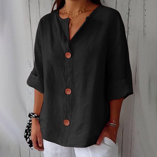 2025 Spring and Summer New Amazon Cross-border Europe and America New Loose T-shirt Women's V-neck Cotton Linen Button Top 