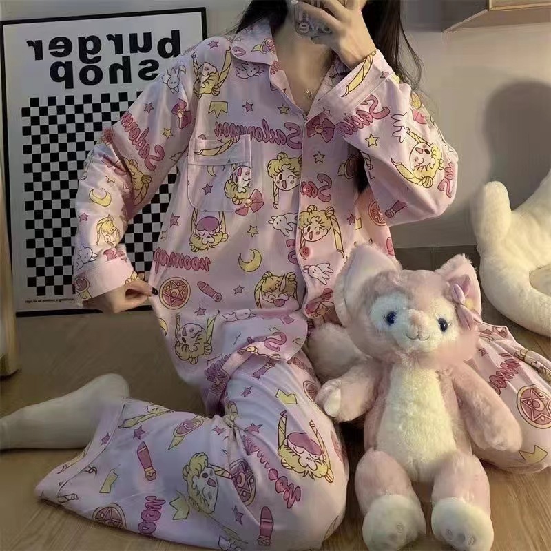 メーカー卸売春と秋の女性用パジャマ漫画ホーム服女の子長袖ズボンラペル在庫ありかわいいダブルロング|undefined