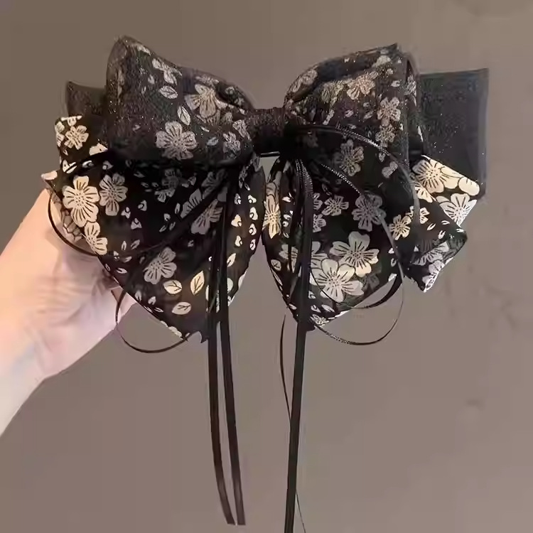 검정 잔꽃무늬 리본 스프링 헤어 클립