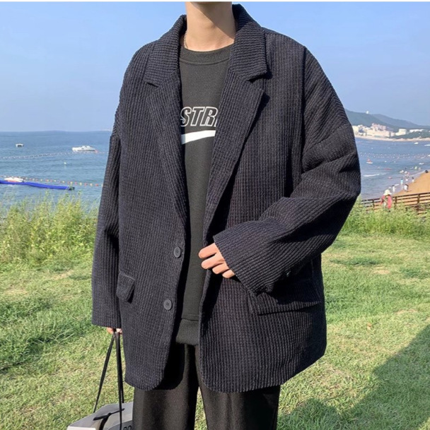 2024 Waffled Suit Jacket Men's Retro Hong Kong Style Casual Suit Spring and Autumn Korean Loose Duffian Handsome Top