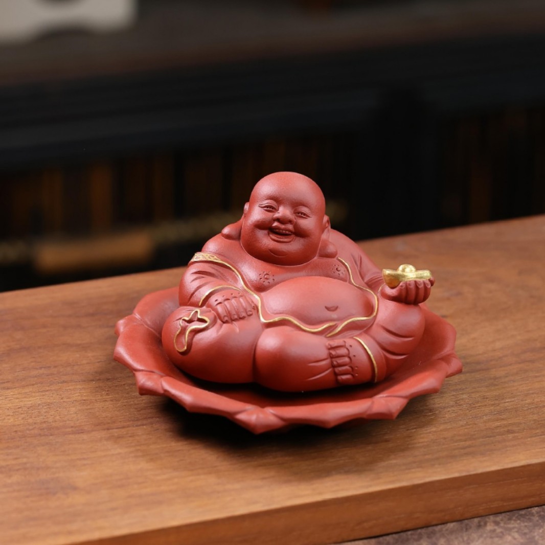 宜兴原矿紫砂茶宠摆件弥勒佛描金手工禅意茶玩精品可养大肚弥勒佛