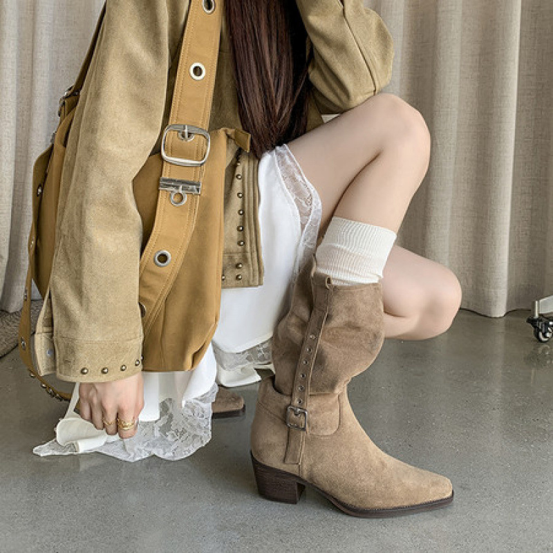French-Style Suede Pointed-Toe Slouch Boots for Women, High-Heeled Mid-Calf Riding Boots, 2026 New Vintage Western Cowboy Short Boots French-Style Suede Pointed-Toe Slouch Boots for Women, High-Heeled Mid-Calf Riding Boots, 2026 New Vintage Western Cowboy Short Boots