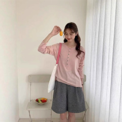 0908-159半开v领羊毛打底衫女早秋外穿套头衫女韩系女装
