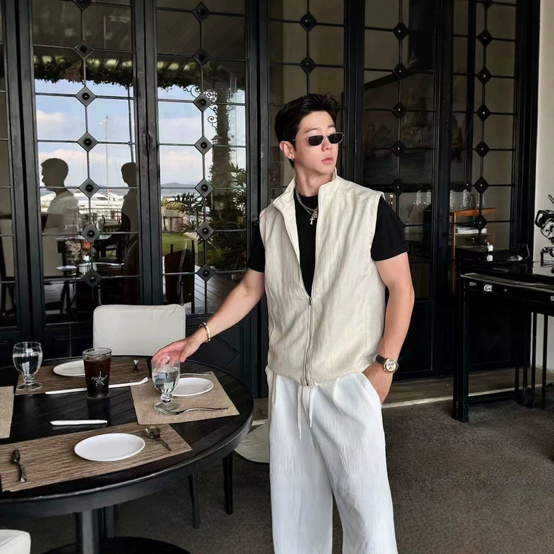 Lyocell Linen Old Money Style Two-Stripe Columbus Patchwork Summer Vest with Sheepskin Double Zipper Jacket for Men Lyocell Linen Old Money Style Two-Stripe Columbus Patchwork Summer Vest with Sheepskin Double Zipper Jacket for Men