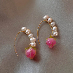 Freshwater Pearl Pink Flower Earrings, Women's Korean-Style Fashionable, Sweet, Elegant, Internet-Famous Summer Strawberry Pearl Ear Accessories