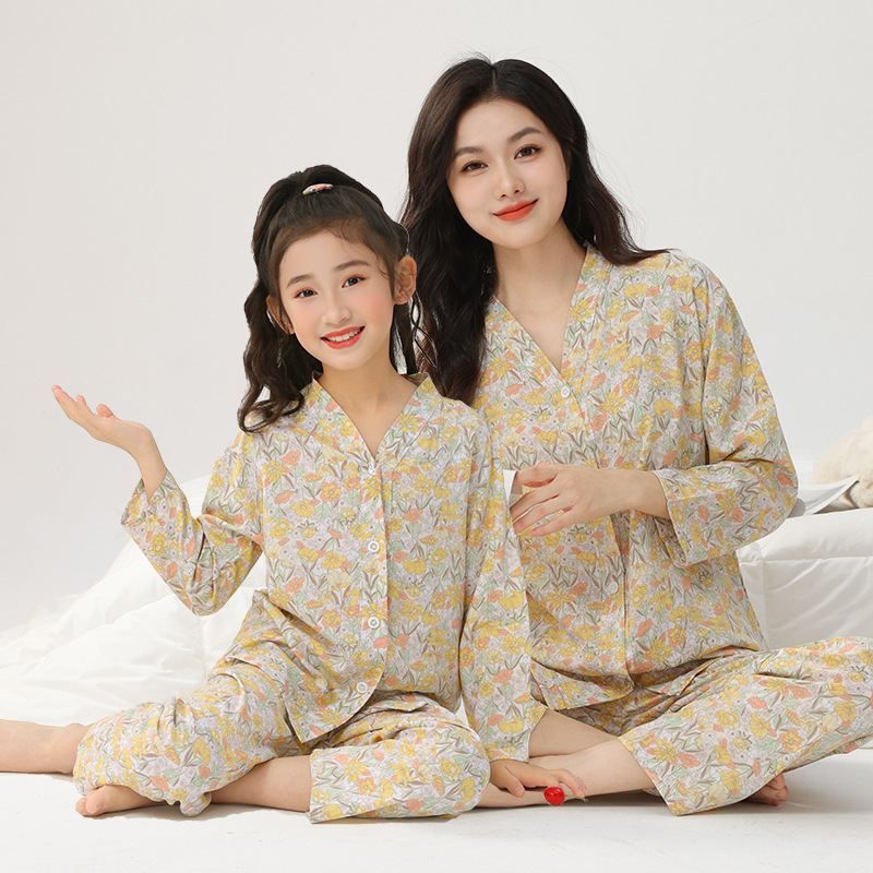 Cotton Silk Family Matching Outfits for a Family of Four or Three, Cotton Silk Pajamas for Girls, Mother-Child, Mother-Daughter, Family Clothing, Home Air-Conditioning Wear