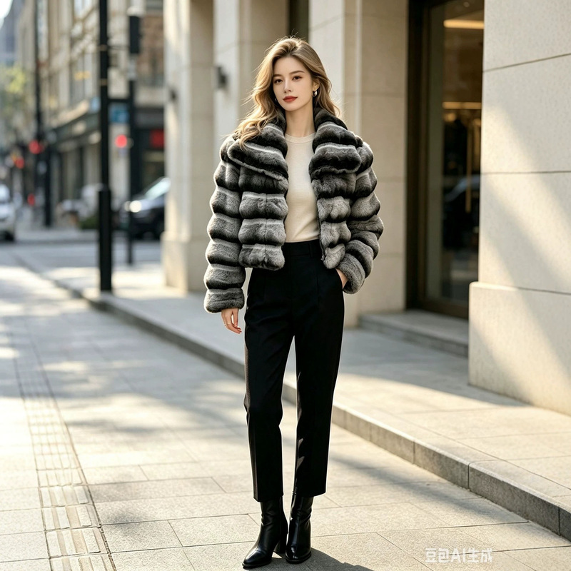 Cross-border fashionable lady's faux blue chinchilla coat, eco-friendly faux fur jacket, high-necked short top, faux fur integrated Cross-border fashionable lady's faux blue chinchilla coat, eco-friendly faux fur jacket, high-necked short top, faux fur integrated