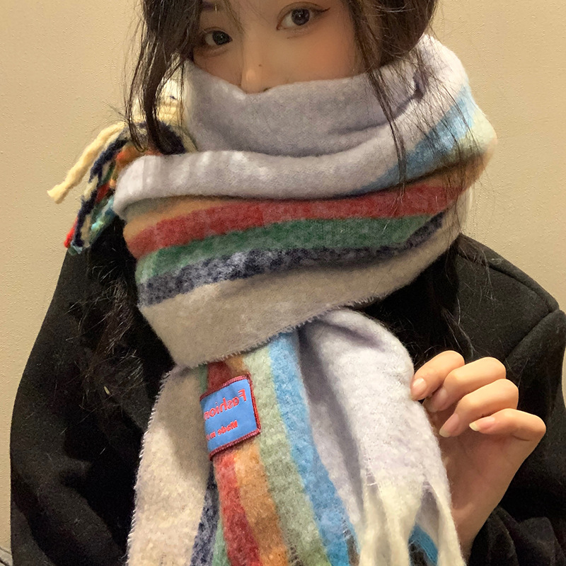 Long Rainbow Striped Mohair Scarf For Women Winter Warmth_voghion.com