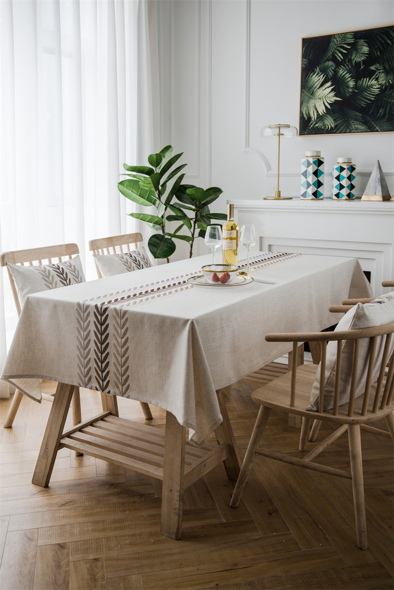 Polyester Linen Waterproof Modern Leaf Flower Runner Embroidered Geometric Tablecl Rectangular Coffee Dining Table_voghion.com