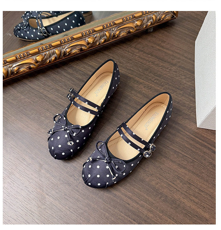 Giày búp bê Mary Jane nữ mũi tròn chất liệu satin chấm bi thắt nơ, đế bằng gót thấp — Màu hồng, Màu trắng, màu đen chi tiết 20