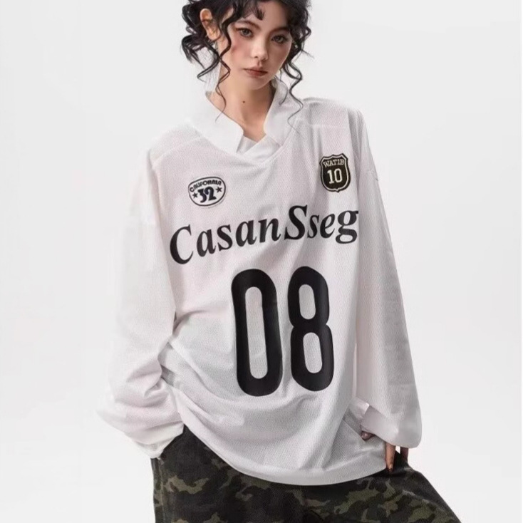 American Motorcycle Style Casual Long-Sleeved T-Shirt for Men and Women, Cool Sports Jersey, New V Neck Loose Letter Top, Trendy