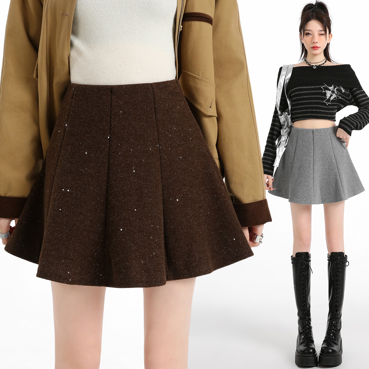 毛呢亮片半身裙女秋冬高腰显瘦蓬蓬百褶小个子防走光a字短裙