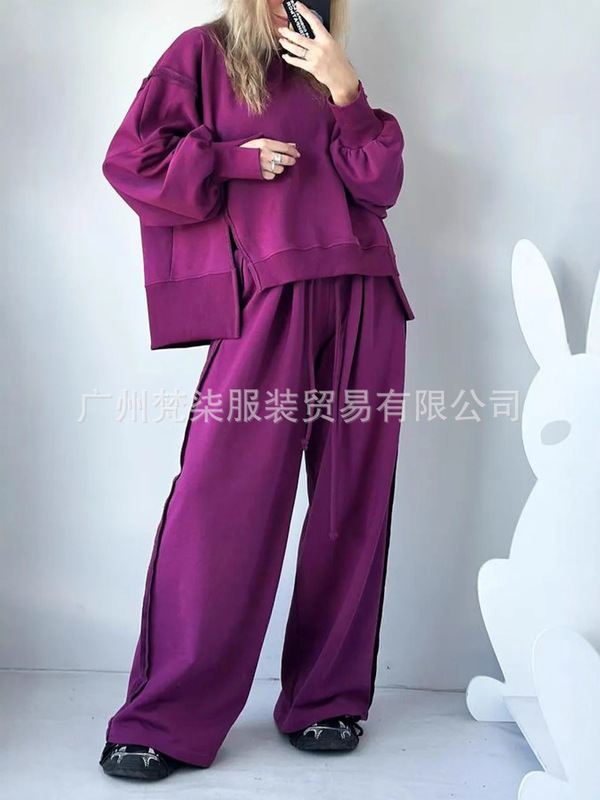 欧美跨境2025秋冬亚马逊新款圆领拼接卫衣抽绳运动长裤休闲套装女|undefined