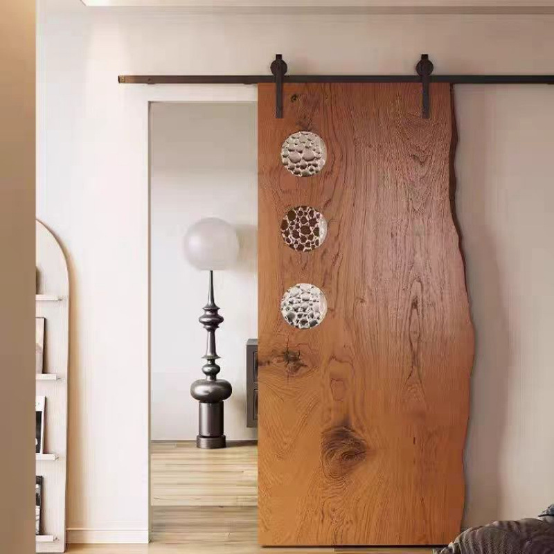 Retro-Style Solid Wood Barn Door with Glass Panel, Sliding Door for Kitchen, Bathroom, or Closet with Hanging Rail Retro-Style Solid Wood Barn Door with Glass Panel, Sliding Door for Kitchen, Bathroom, or Closet with Hanging Rail